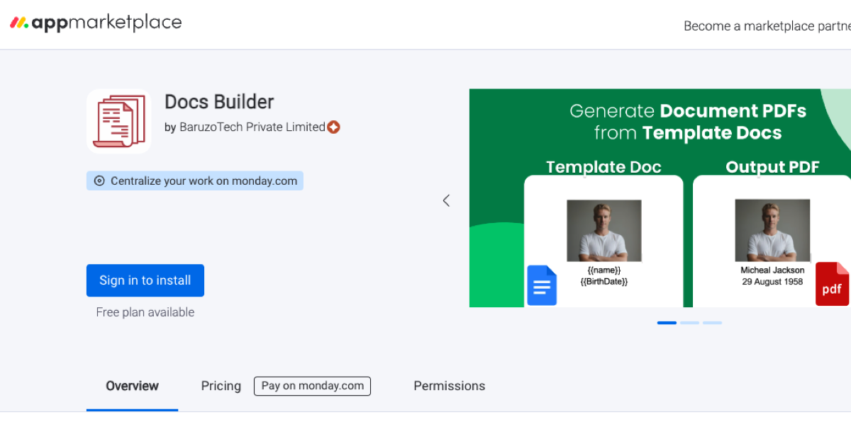 Installation screen of the monday.com app.
